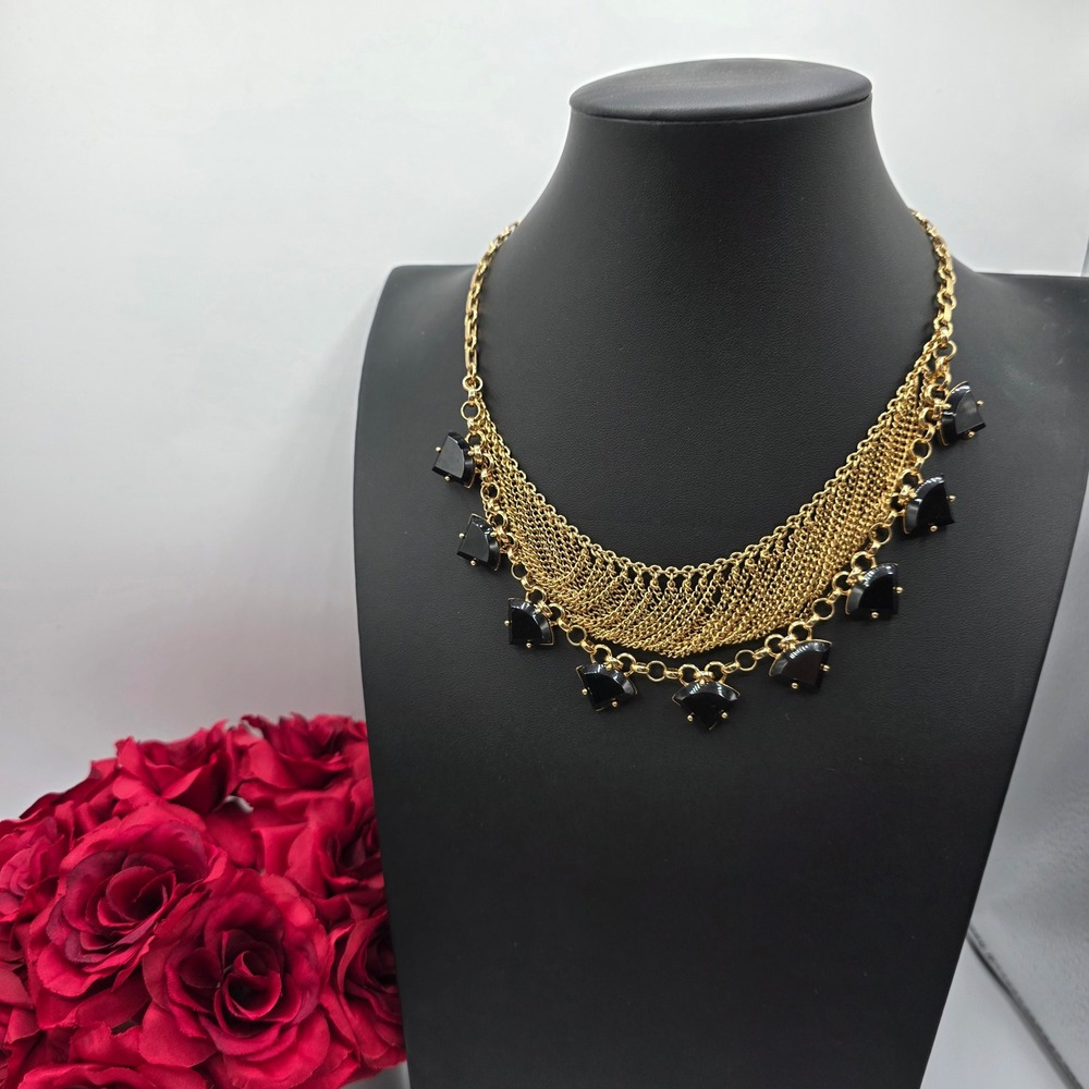 Monet Gold Tone Black Geometric Stone‎ Multi Strand Draped Bib Necklace New